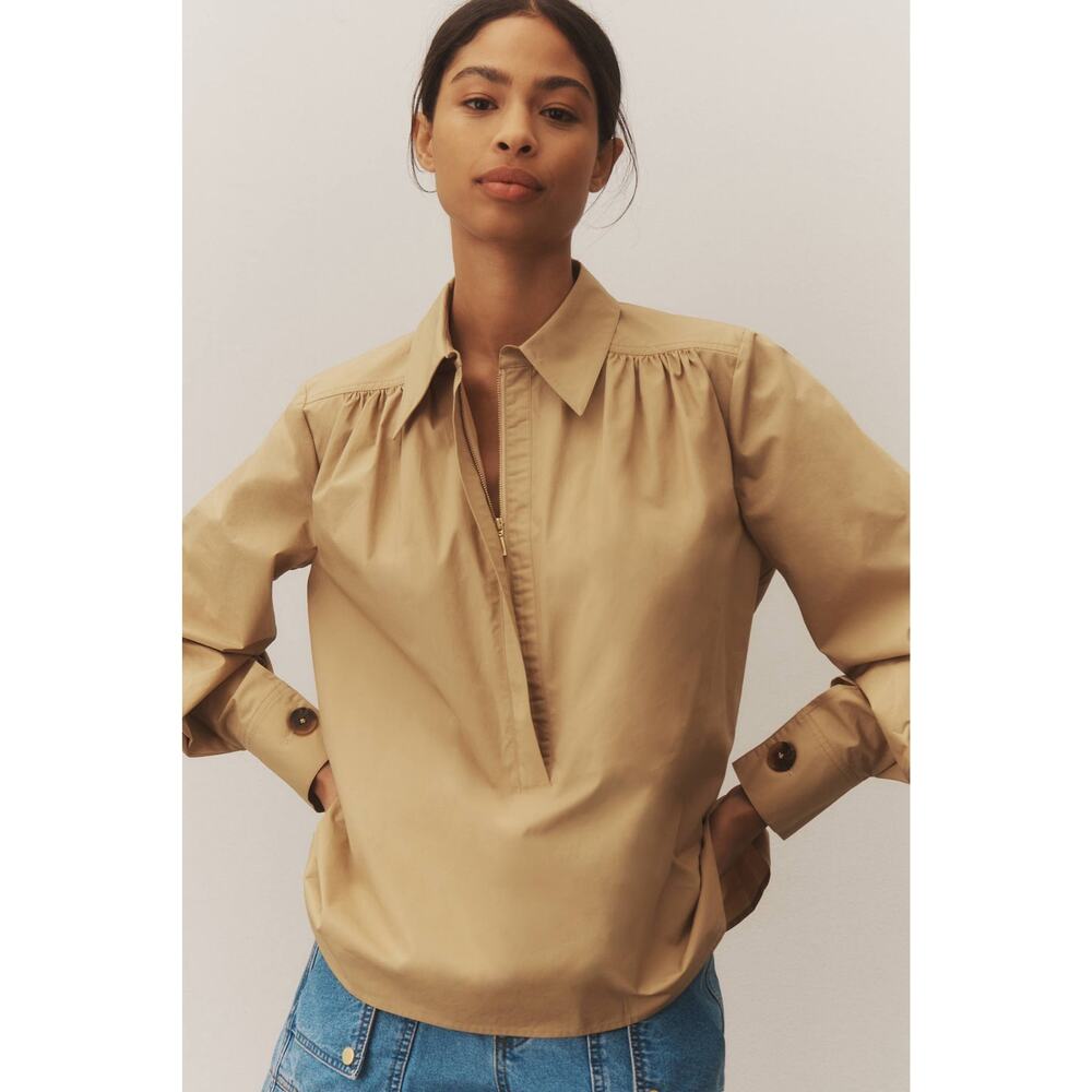 NWT Mare Mare x Anthropologie Long-Sleeve Henley Blouse in Red-Orange Sz L - Picture 6 of 13